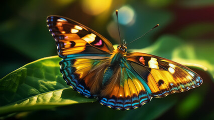 A vibrant butterfly with striking orange, black, and blue patterns on its wings rests on a green leaf, illuminated by warm sunlight, showcasing the beauty of nature.