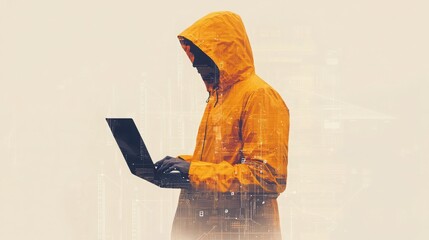Mysterious figure in a yellow hooded jacket uses a portable computer, digital data superimposed.  Intriguing, tech-focused image.