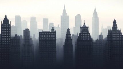 Obraz premium Misty city skyline with tall buildings and skyscrapers.