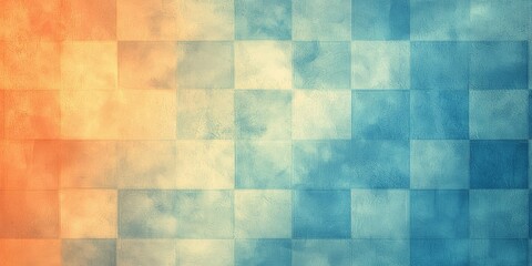 Abstract checkered pattern transitioning from warm orange to cool blue tones