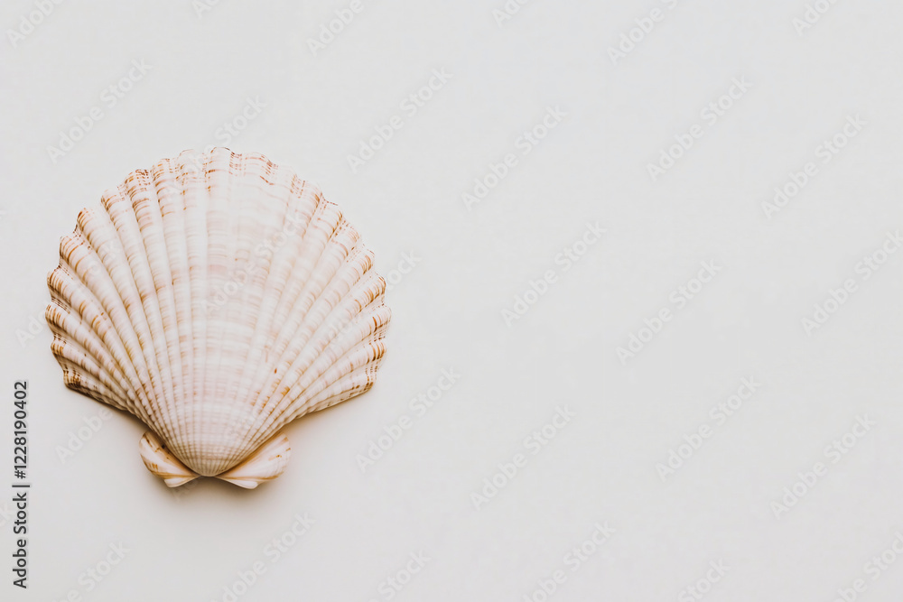 Poster seashell simplicity: a solitary, pristine seashell rests on a minimalist backdrop, its intricate pat