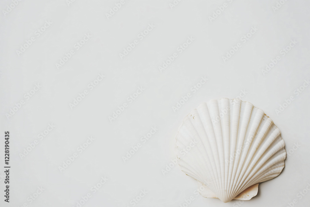 Poster seashell minimalism: a single, pristine scallop shell rests on a light gray surface, creating a simp