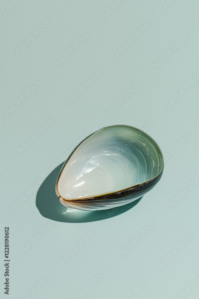 Poster seashell minimalism: a delicate seashell with iridescent hues rests against a calming aqua backdrop,