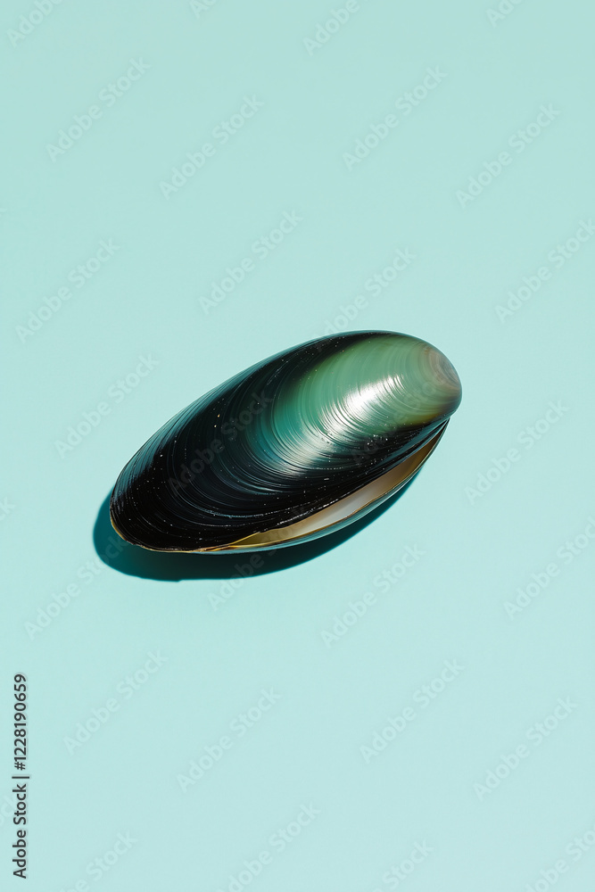 Poster seashell on blue: a close-up view of a vibrant green and black seashell with intricate patterns rest