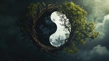 Naklejka premium Yin Yang Tree, Night Sky, Balance, Nature, Concept Art, Spiritual, Meditation, Design Element