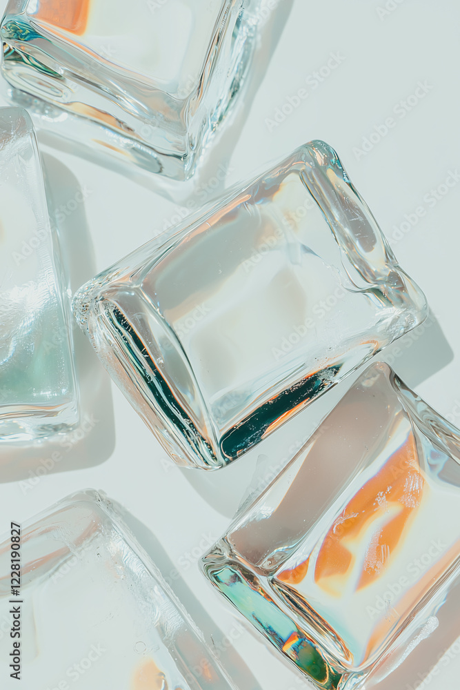 Poster crystal clear ice cubes: a captivating close-up of translucent ice cubes scattered on a light backgr
