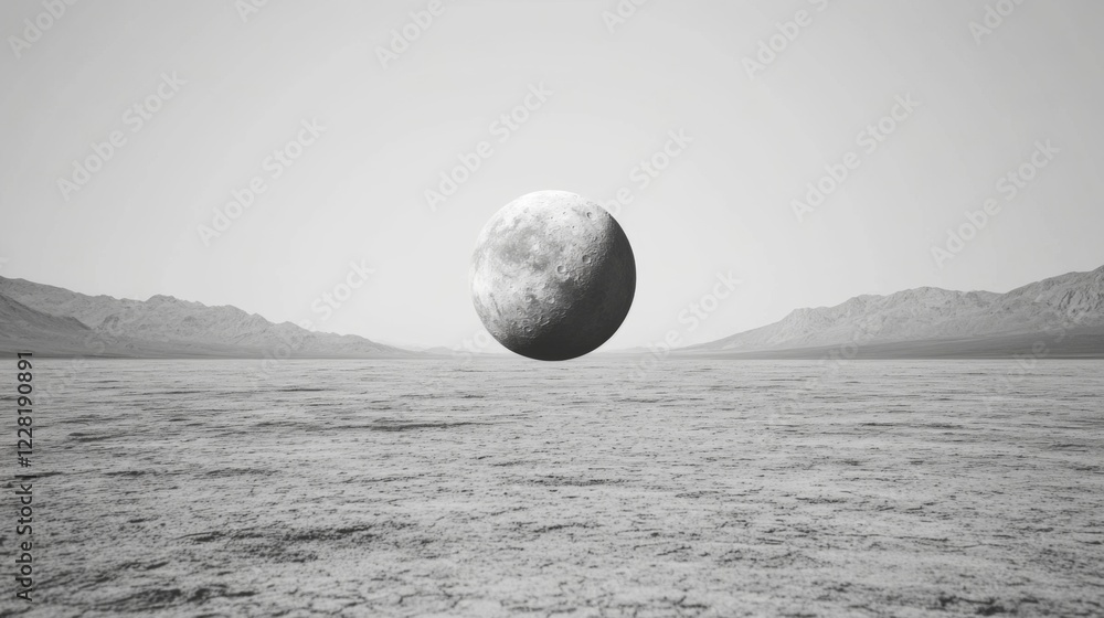 Poster monochrome landscape with a large sphere hovering over a flat desert.