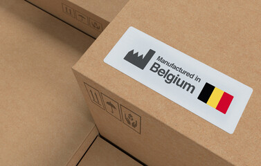 Card Board Carton Boxes with Belgium Flag, Manufactured in Belgium Label - 3D Render