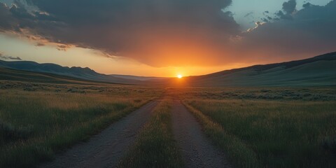 Serene sunset over open fields nature landscape evening glow tranquil environment wide-angle view peaceful concept