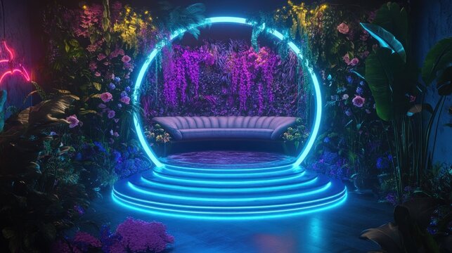 Neon Lit Tropical Garden Stage with Sofa