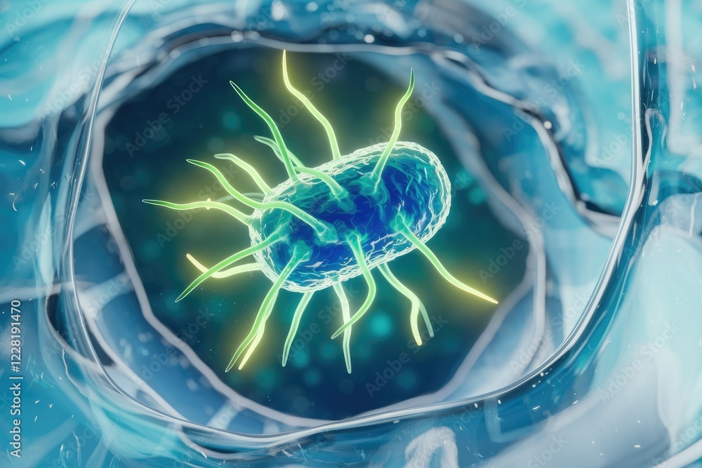 Poster microscopic view of a bacterium with numerous flagella, showcasing its motility and structure.