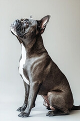 Obraz premium Portrait of a grey French Bulldog sitting gracefully against a neutral background, symbolizing strength, loyalty, and companionship