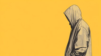 Person in hooded jacket, side profile, yellow background.