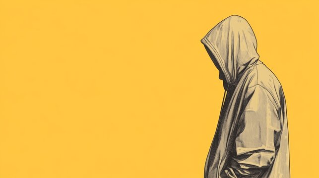 Person in hooded jacket, side profile, yellow background.