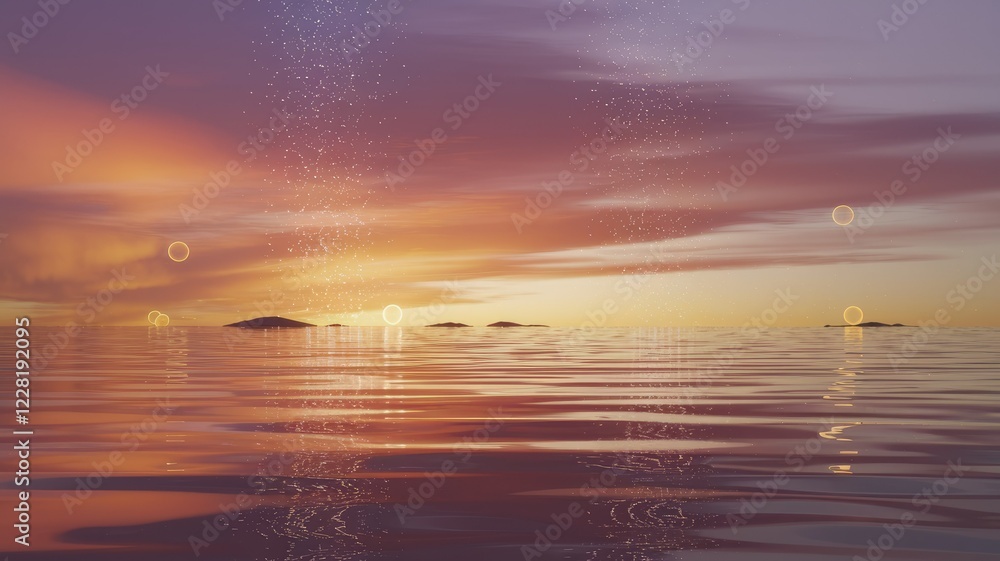 Poster serene sunset over calm ocean with distant islands and subtle light effects.