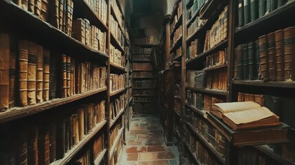 Obraz premium Ancient Books Line A Dusty Library Corridor