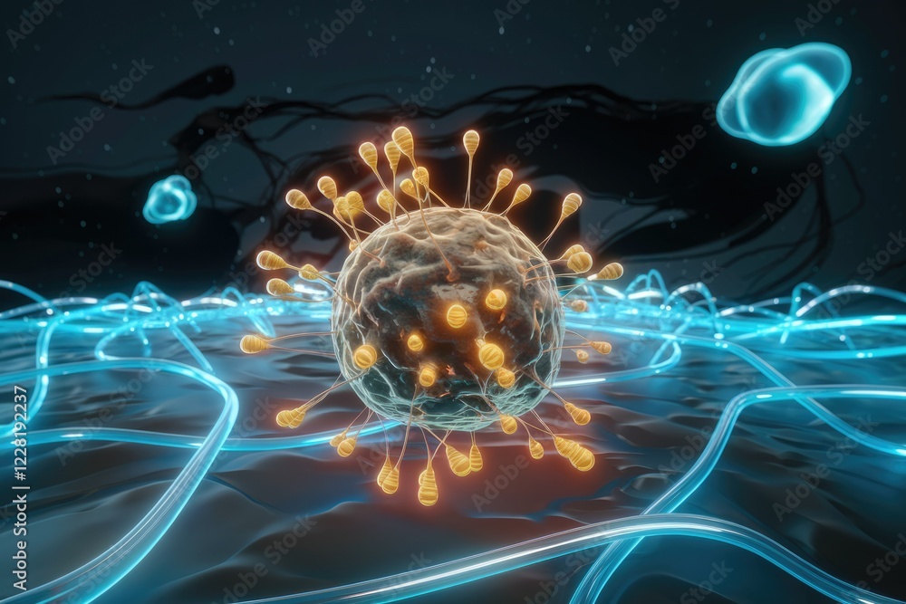 Poster Microscopic 3D rendering of a virus infecting a cell, showcasing its intricate structure and the process of infection.
