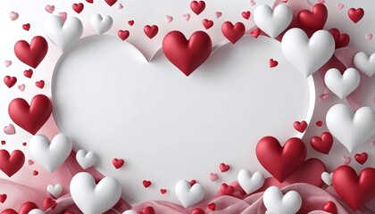 Heart-shaped frame with red and white paper hearts and a soft gradient background creating a stylish and romantic composition perfect for valentines day and love designs