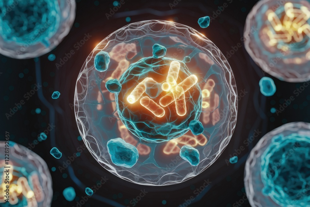 Poster microscopic view of cells with glowing chromosomes, illustrating cellular processes and genetic mate