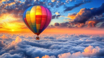 Naklejka premium Colorful Hot Air Balloon Soaring Above Sunset Clouds