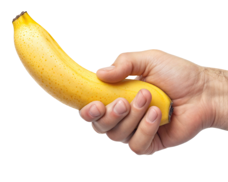 A male hand holding a banana symbolizing his penis in an erected state. Men's health prostate prevention, male sexual health and performance, isolated over transparent background PNG cut-out - Powered by Adobe