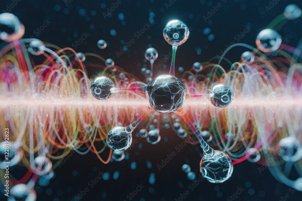 Poster abstract microscopic molecular structure with colorful energy wave background.