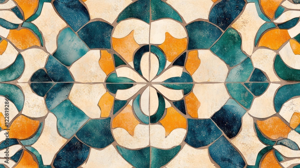Poster Abstract Tile Mosaic Pattern Design Featuring Teal Orange and Beige
