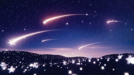Naklejka premium Magical night sky with multiple shooting stars streaking across a starlit landscape.