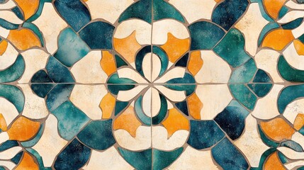 Abstract Tile Mosaic Pattern Design Featuring Teal Orange and Beige