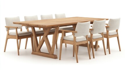 Modern wooden dining table and chairs set against a white background
