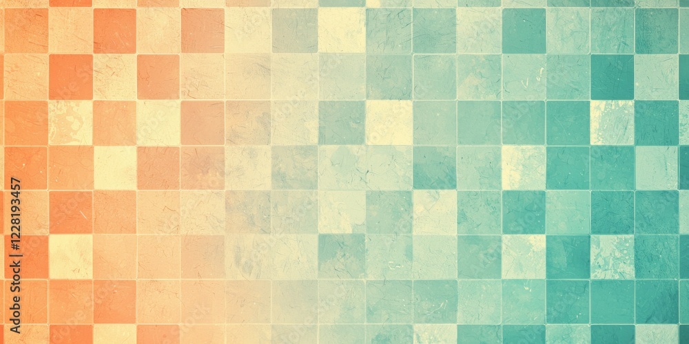 Poster abstract square tile pattern transitioning from warm orange to cool teal