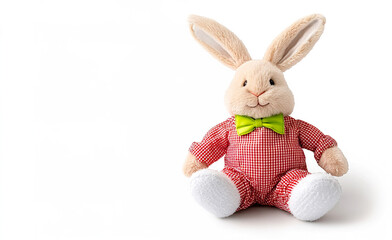 Obraz premium Cute Plush Rabbit Toy Wearing Green Bow Tie in Red Checkered Outfit