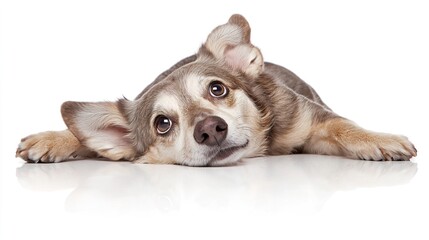 Fototapeta premium Playful Dog Lying on White Background with Charming Expression