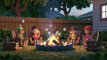 Fototapeta premium Cartoon kids roasting marshmallows around a campfire in a backyard at night.