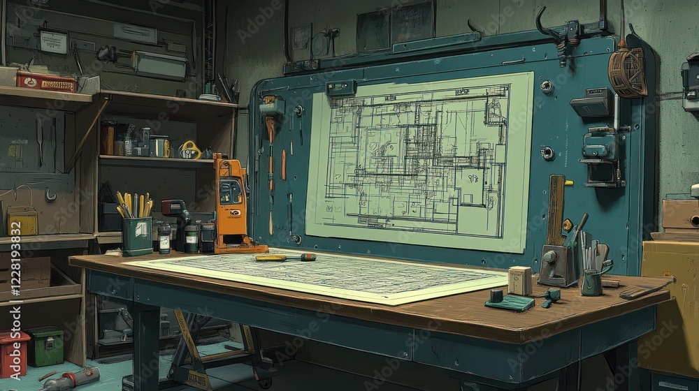 Poster Detailed Blueprint And Drafting Table In A Workshop