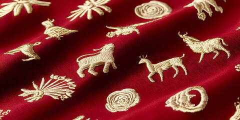 Chinese Zodiac Symbols Embroidery, Red and Gold Lunar New Year, Asian Inspired Artwork, Festive Lunar New Year Home Accent
