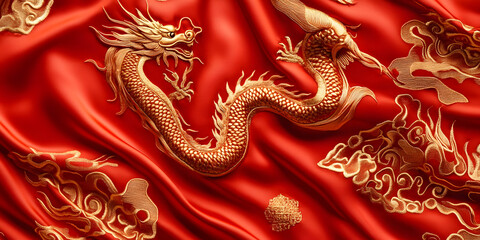 Obraz premium Chinese Dragon Art, Lunar New Year Dragon, Red and Gold Dragon, Mythical Dragon Illustration, Traditional Asian Dragon, Festive Dragon