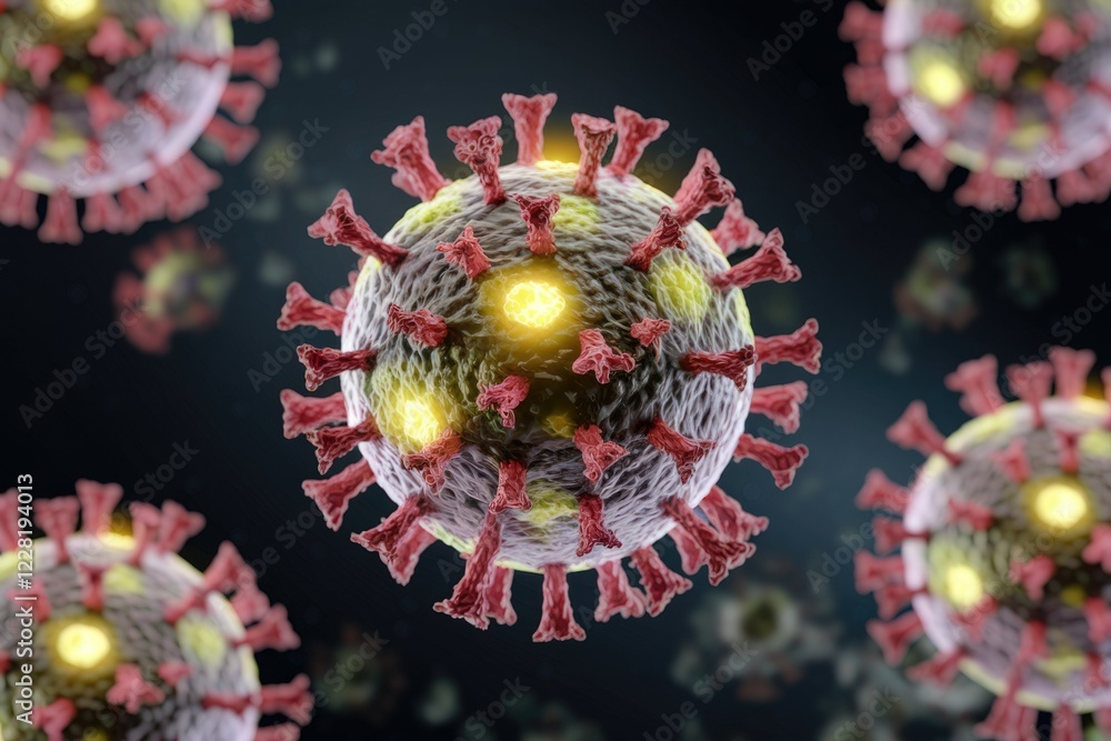 Poster Microscopic view of multiple coronavirus particles, highlighting their structure and infectious nature.