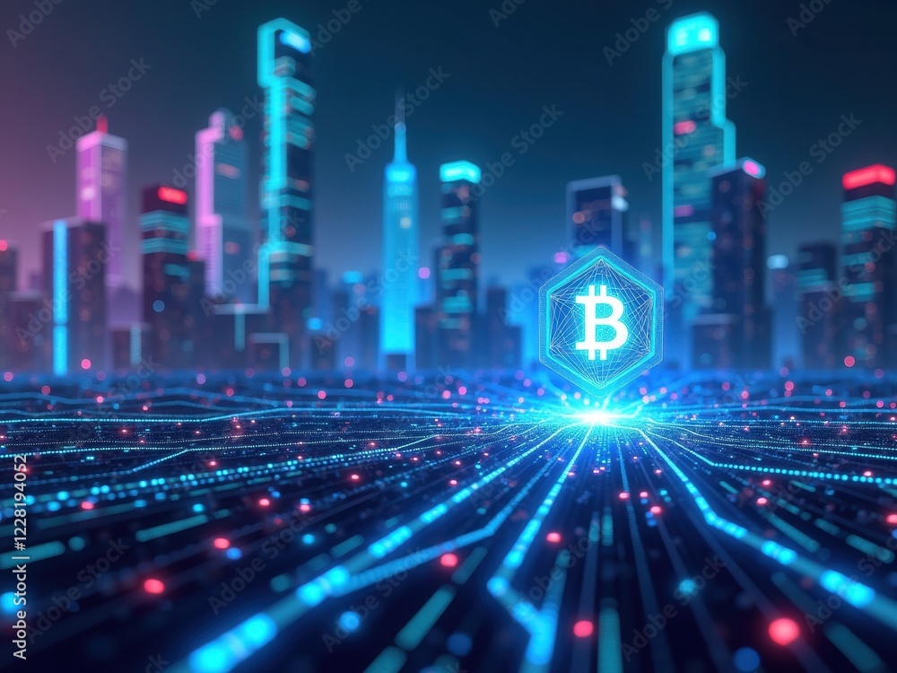 Poster digital representation of blockchain technology with a futuristic city skyline in the background dur