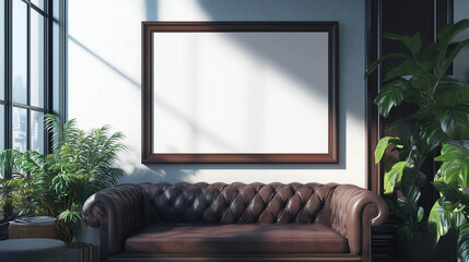 Obraz premium Minimalist living room with blank frame, neutral sofa, and plants embodying scandinavian design
