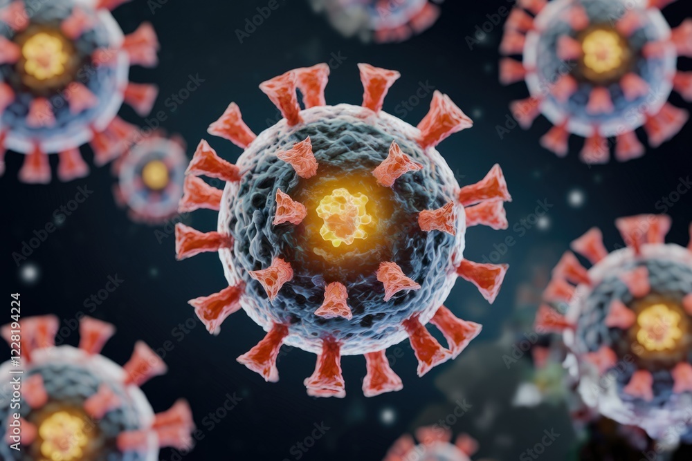 Poster Microscopic view of multiple coronaviruses, illustrating their spiky structure and potential for infection.