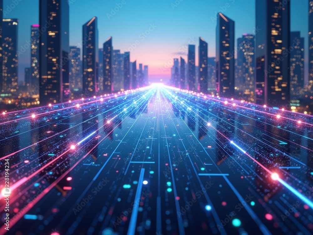 Poster exploring the vibrant cityscape with digital connections and blockchain technology at dusk