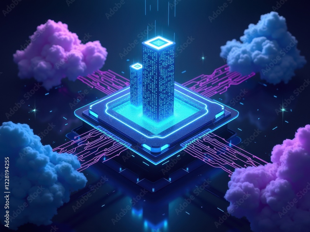 Poster advanced blockchain technology conceptualized as a digital cityscape featuring skyscrapers, clouds, 