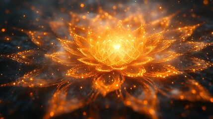 Fototapeta premium A Glowing Golden Lotus Flower Design with Radiant Light and Sparkles on a Dark Background