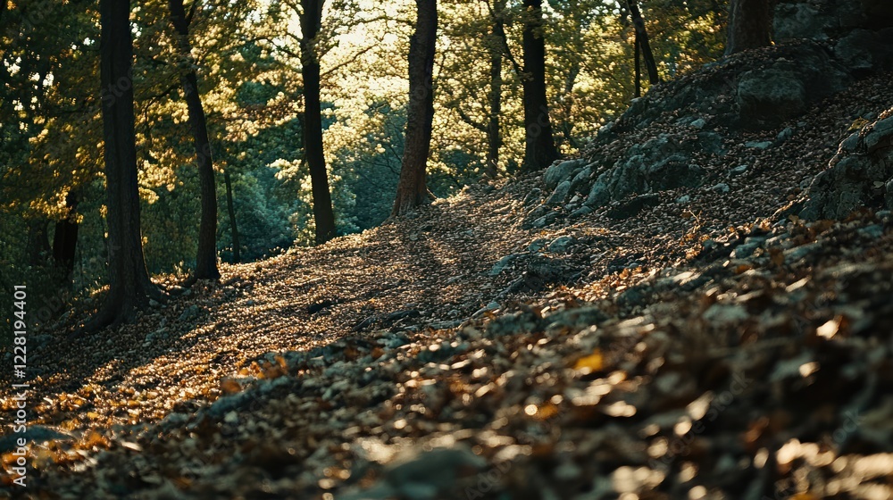 Poster sunlit forest path autumn leaves rocks trees