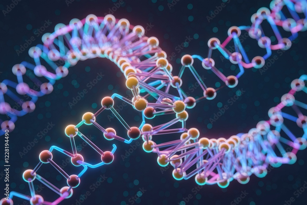 Poster A 3D rendering of a DNA double helix, showcasing its intricate structure and genetic code.