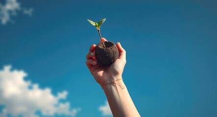 man's hand holds a seed ball with sprout against the background of a blue sky. earth balls. nendo dango. Guerrilla gardening