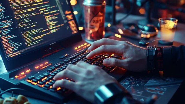 Typing code: hands on keyboard in dimly lit workspace for tech and programming