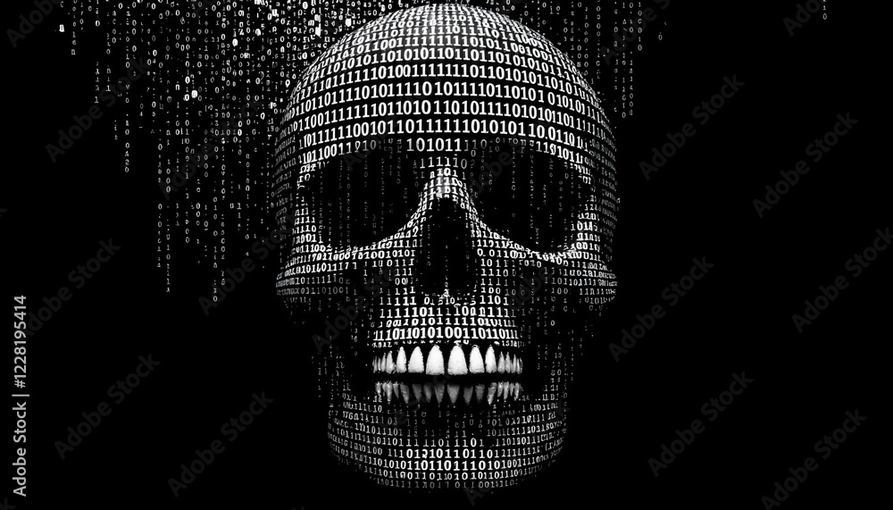 Poster skull made of binary code with a dark background representing technology and digital themes