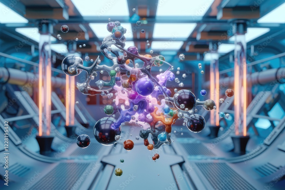 Poster Abstract 3D rendering of a colorful molecule in a futuristic setting.